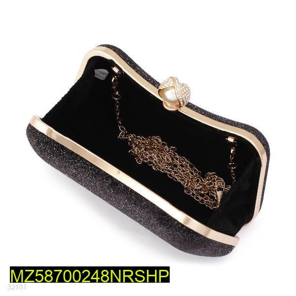 Black Glitter Women's Bridal Clutch with Pearl Closure